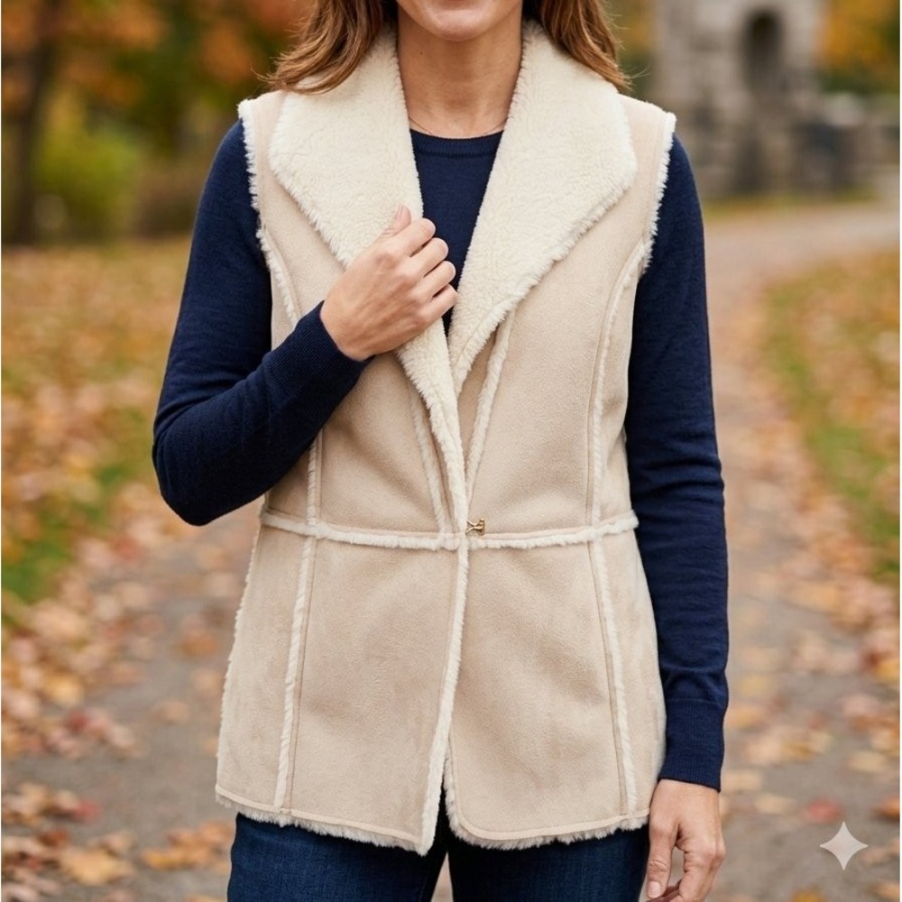 Chico's Faux Suede Shearling Vest Tan Beige Cream Size 2 (L)